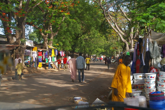 Traders harmoniously sell their wares on one of the market streets in Touboro, Nothern Cameroon